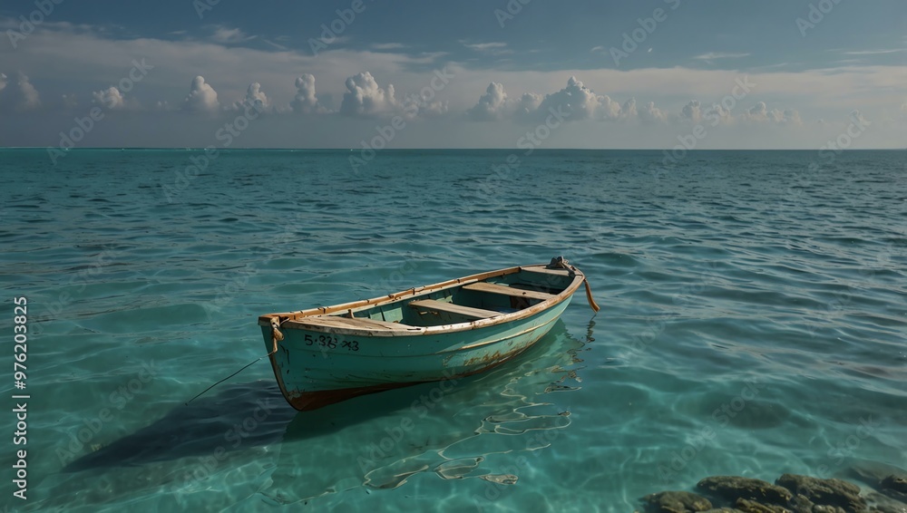 Small boat floating on turquoise waters. Small boat floating on turquoise waters.