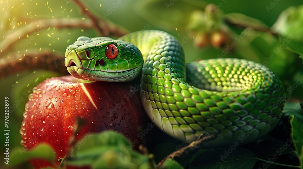 Fototapeta premium The concept of temptation in the form of an apple and a snake in paradise