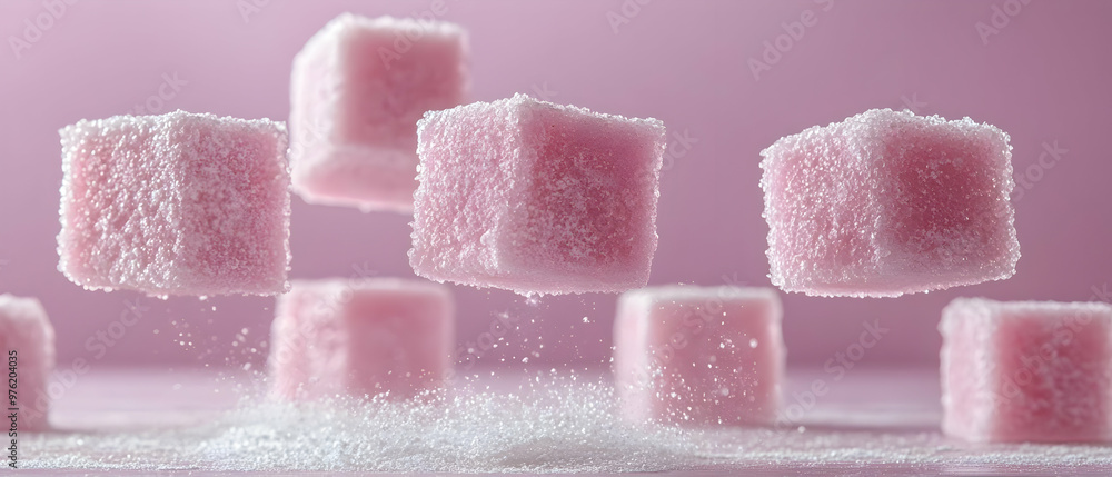 A whimsical arrangement of pink sugar cubes floating against a soft pink background, perfect for sweet-themed projects. A whimsical arrangement of pink sugar cubes floating against a soft pink background, perfect for sweet-themed projects.