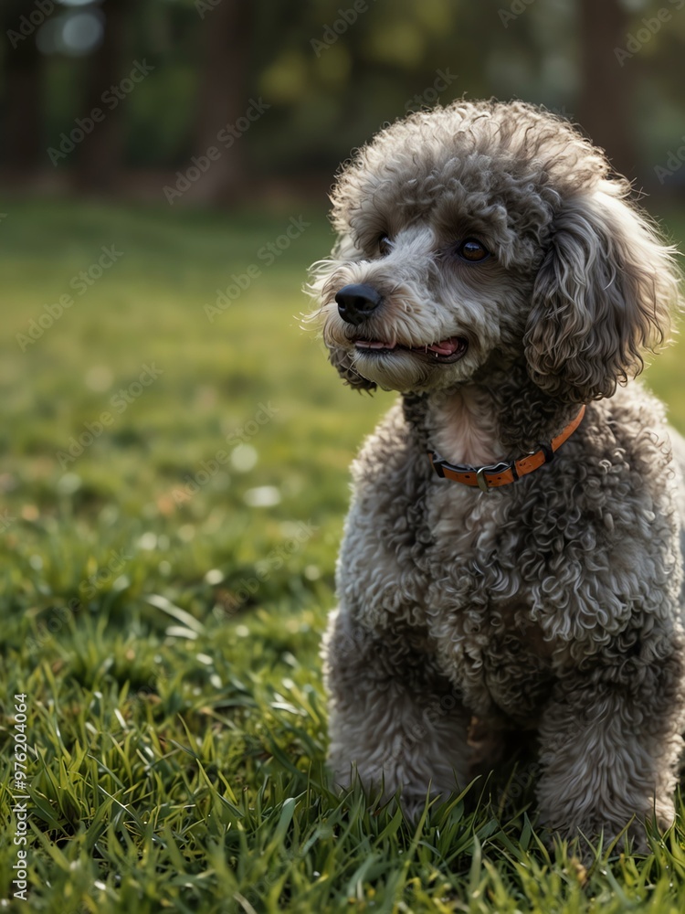 Small gray poodle on grass—cute pet in nature. Small gray poodle on grass—cute pet in nature.