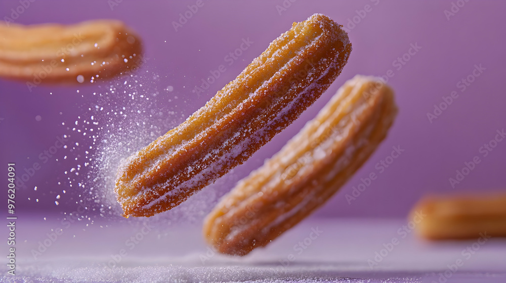 Freshly made churros dusted with sugar, floating against a vibrant purple background. Perfect for sweet treat imagery. Freshly made churros dusted with sugar, floating against a vibrant purple background. Perfect for sweet treat imagery.