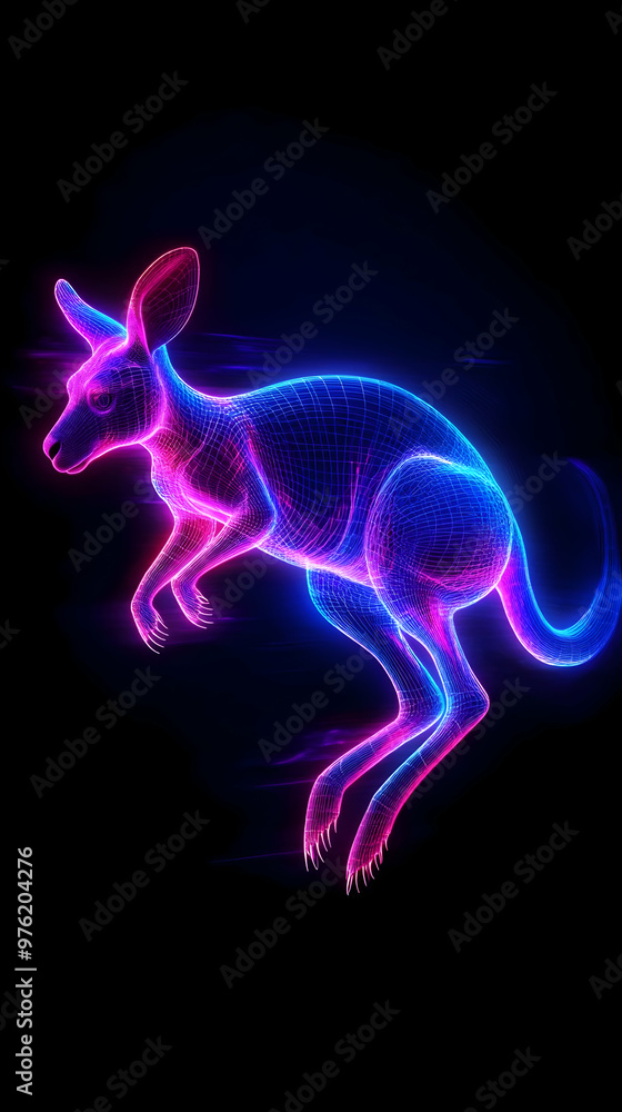 A vibrant neon kangaroo jumping against a dark background, showcasing a blend of blue and pink light creating an energetic atmosphere. A vibrant neon kangaroo jumping against a dark background, showcasing a blend of blue and pink light creating an energetic atmosphere.