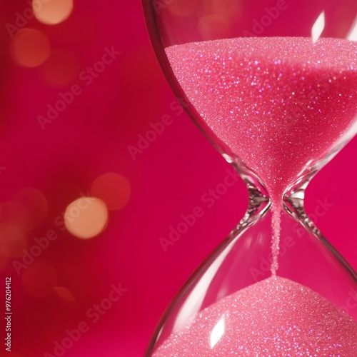 Close-up of an hourglass filled with pink sand against a vibrant red background representing time