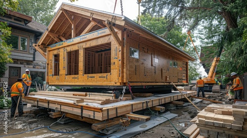 Construction workers lifting a wooden house frame with cranes in a suburban area on a cloudy day