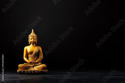 Serene golden Buddha statue on a dark background, symbolizing peace, spirituality, and harmony in a tranquil setting.