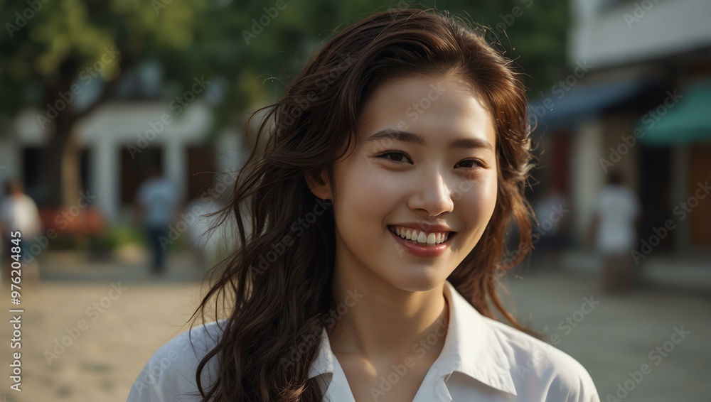 Smiling Korean woman with wavy hair. Smiling Korean woman with wavy hair.