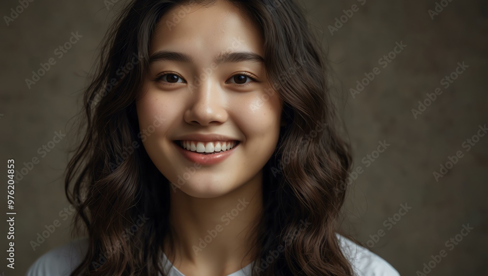 Smiling Korean woman with wavy hair. Smiling Korean woman with wavy hair.