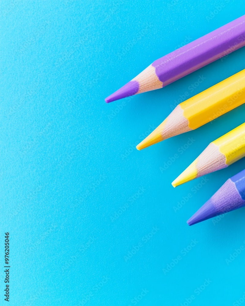 Colorful crayons on blue paper in vibrant pastel shades with minimalist background and natural light