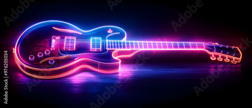 A vibrant neon guitar illuminated with colorful lights, perfect for music and nightlife themes, showcasing creativity and energy.