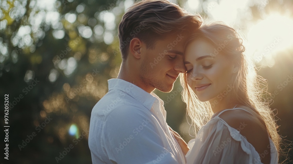 Fototapeta premium A young couple is embracing each other in a forest