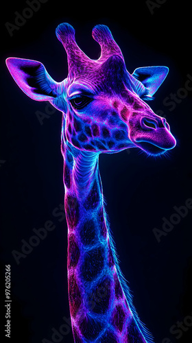 Vibrant and artistic depiction of a giraffe, showcasing neon colors against a dark background, emphasizing its unique features.