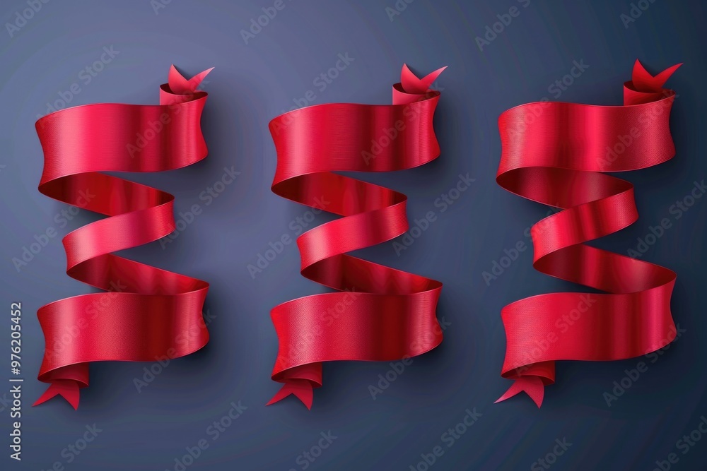 Four red ribbons against a blue background, ideal for holiday or gift wrapping ideas Four red ribbons against a blue background, ideal for holiday or gift wrapping ideas