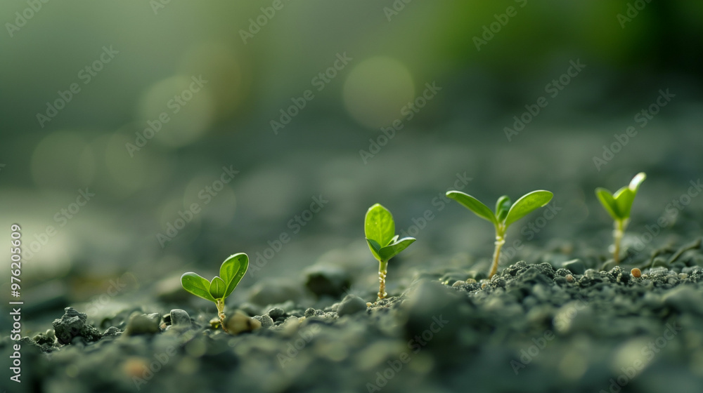 Tiny green shoots emerge from the ground on a sunny morning Tiny green shoots emerge from the ground on a sunny morning