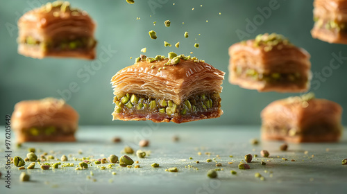 Delicious baklava pieces floating against a moody background, garnished with crushed pistachios for a tantalizing visual appeal. photo