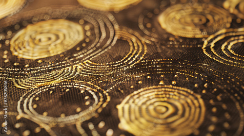 Close-up of intricate golden circular patterns on dark textured surface.