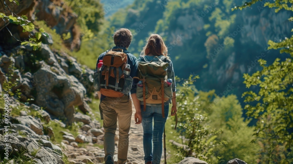 A couple walks together on an uphill trail, enjoying the scenery A couple walks together on an uphill trail, enjoying the scenery