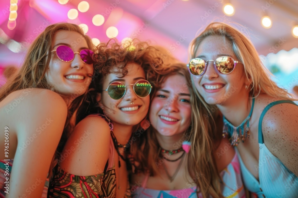 A group of young women smiling and posing for a camera, possibly at a photoshoot or social gathering A group of young women smiling and posing for a camera, possibly at a photoshoot or social gathering