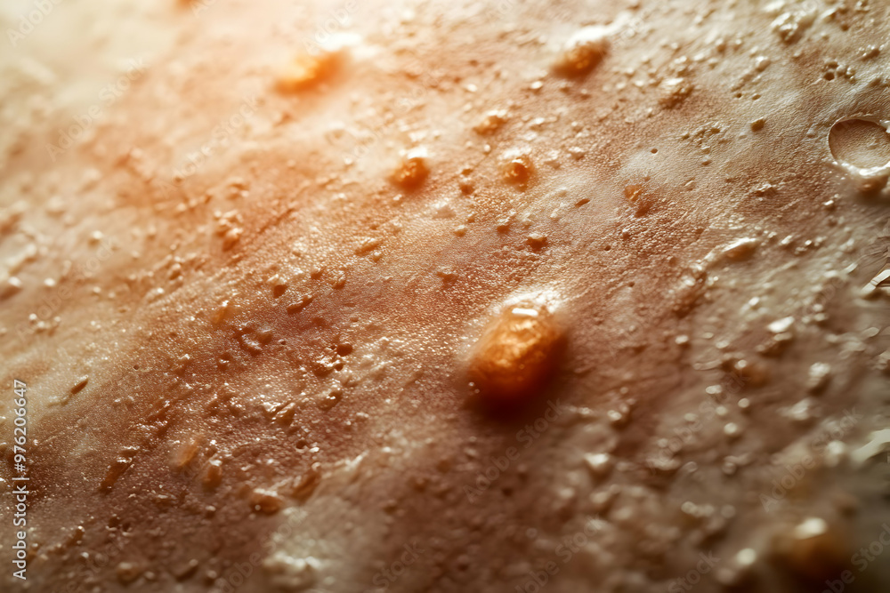 Obraz premium Close-up view of textured surface with droplets, showcasing intricate details and natural patterns in warm tones.