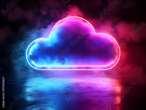 A vibrant neon cloud symbol illuminated in pink and blue, surrounded by mist, perfect for technology and digital themes.