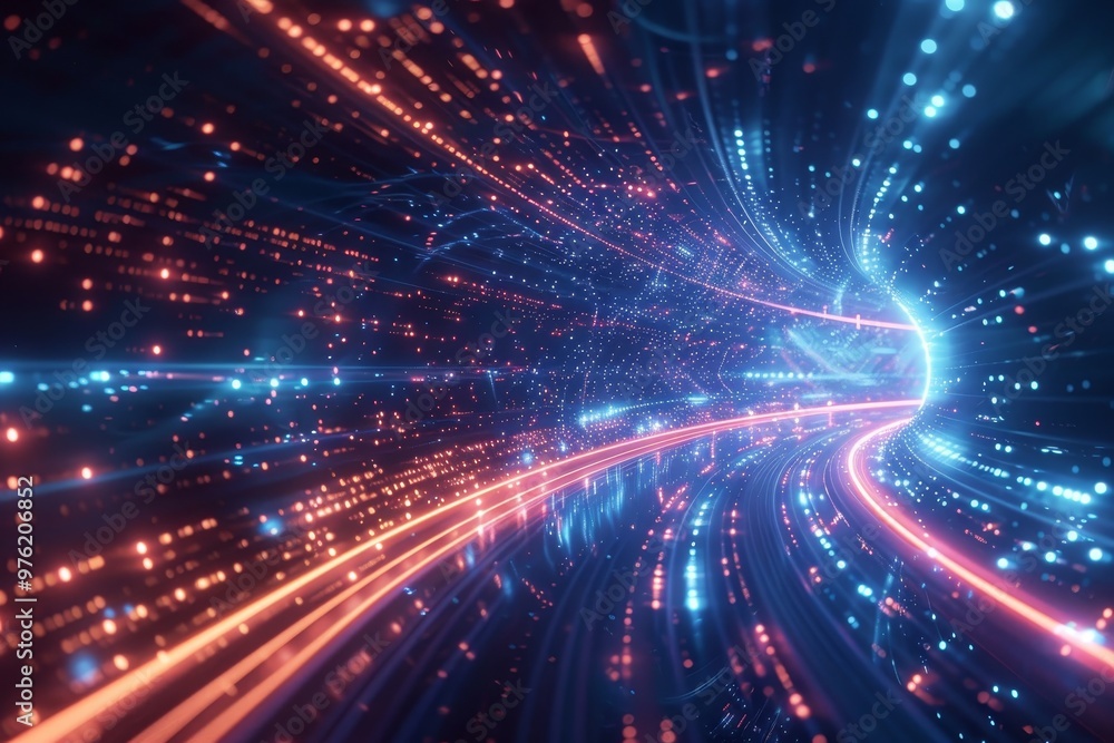 Fototapeta premium A digital tunnel with bright blue and orange lights creates a sense of movement, surrounded by swirling data streams in an expansive futuristic setting.