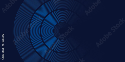 A minimalist abstract image featuring three overlapping navy blue concentric circles on a dark blue background. The design is sleek, with a smooth gradient effect, perfect for modern tech presentation