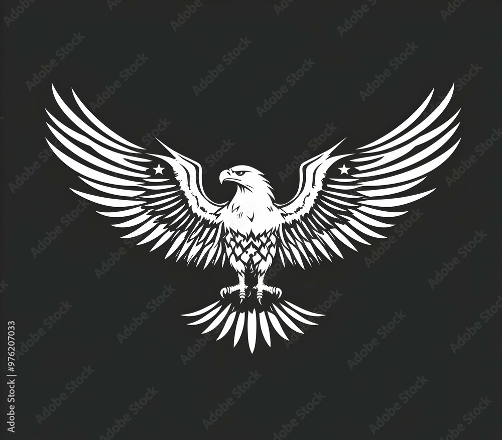 Obraz premium A detailed black and white illustration of an eagle with expansive wings, symbolizing strength and freedom.