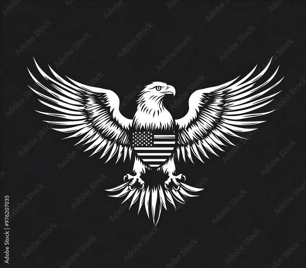 Fototapeta premium A majestic eagle design featuring the American flag, symbolizing freedom and strength against a black background.