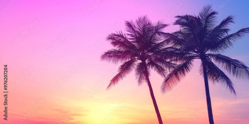 Silhouette of two palm trees at sunset against a pastel purple and pink sky Silhouette of two palm trees at sunset against a pastel purple and pink sky