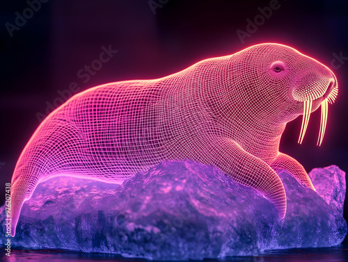 A vibrant, digital representation of a walrus, showcasing neon colors and intricate wireframe details on an icy surface. photo