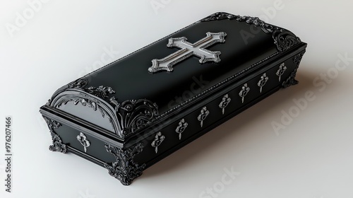  Ornate black coffin with silver cross, featuring intricate carvings and Gothic style, symbolizing finality and tradition in somber, cultural context. photo