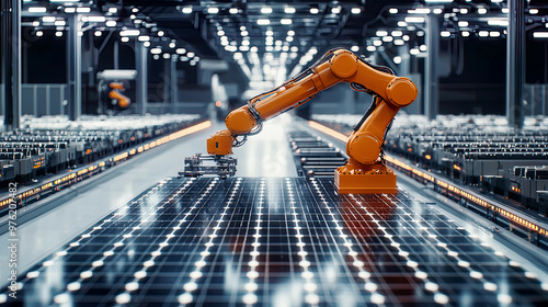 Cinematic scene of an automated manufacturing facility with an orange industrial robot arm, solar panels being assembled on a conveyor, high-tech factory, ultra-detailed