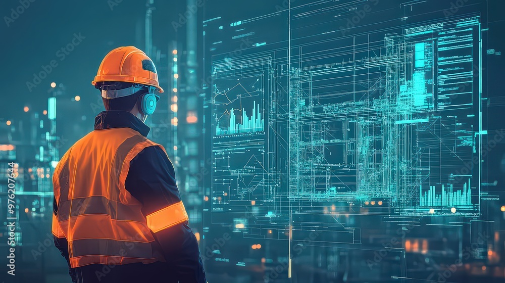 Engineer in reflective vest and helmet analyzing holographic digital construction plans in a futuristic industrial setting. Engineer in reflective vest and helmet analyzing holographic digital construction plans in a futuristic industrial setting.