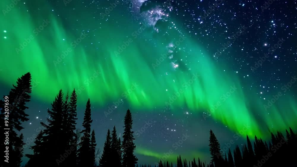 Low angle timelapse of starry night sky with Northern Lights over silhouetted trees Low angle timelapse of starry night sky with Northern Lights over silhouetted trees