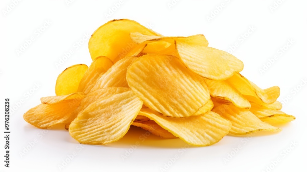 Yellow potato chips pile isolated on white background. Neural network ai generated art Yellow potato chips pile isolated on white background. Neural network ai generated art