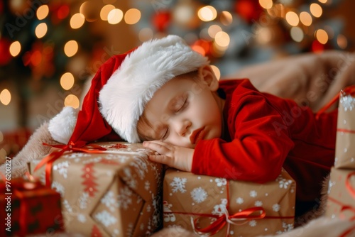 Innocent wonders fill his mind he sleeps dreaming of christmas. Dreams of joy and santa claus float serene winter night. Innocent expectations of childhood festive season. photo