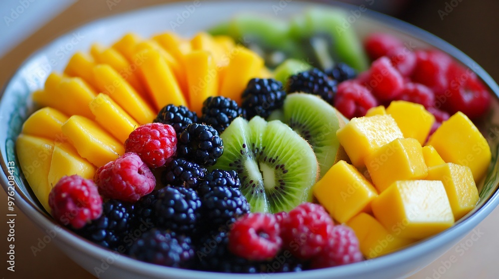 A close-up of a bowl filled with fresh, colorful fruit, including mango, kiwi, raspberries, and blackberries. A close-up of a bowl filled with fresh, colorful fruit, including mango, kiwi, raspberries, and blackberries.