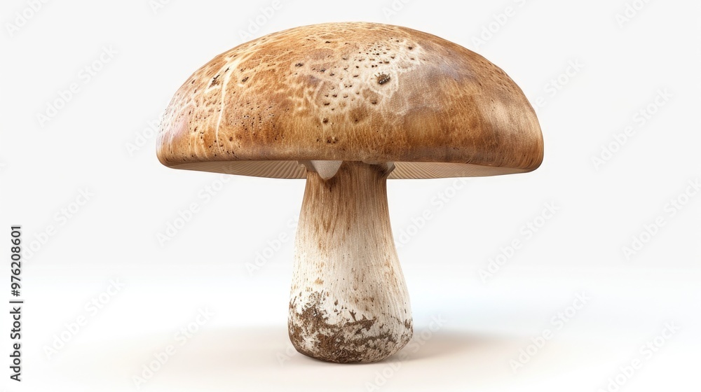 A single mushroom growing on a white background, suitable for use in designs and presentations related to nature, food, or science A single mushroom growing on a white background, suitable for use in designs and presentations related to nature, food, or science