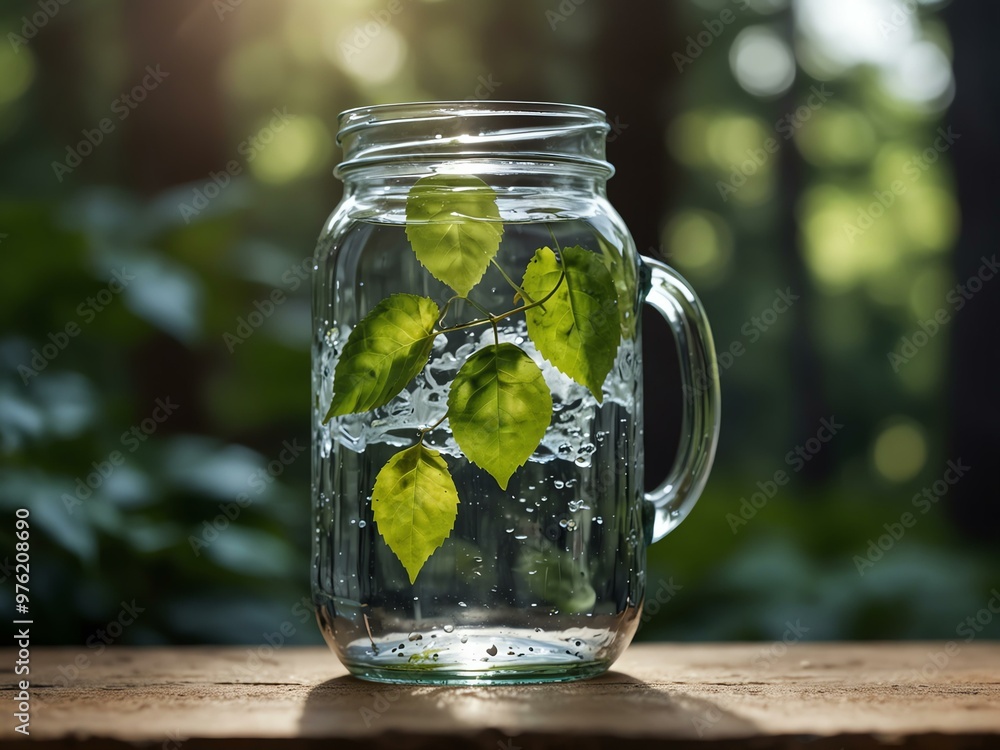 Sparkling water jar with green leaves, natural setting. Sparkling water jar with green leaves, natural setting.