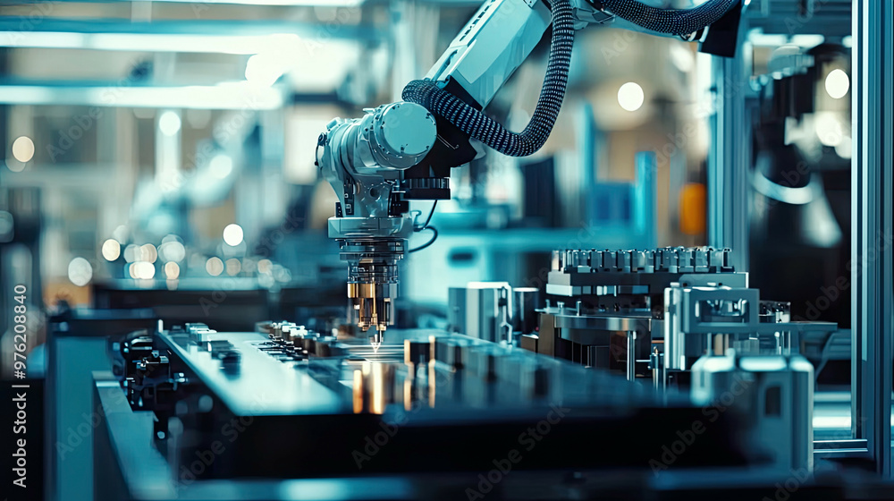 Cinematic shot of an intelligent robot arm in action within a production line at an AI factory, focusing on smart technology and precise operations, bright and modern environment, ultra-realistic Cinematic shot of an intelligent robot arm in action within a production line at an AI factory, focusing on smart technology and precise operations, bright and modern environment, ultra-realistic