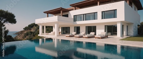 A beautiful white house with a refreshing pool in front