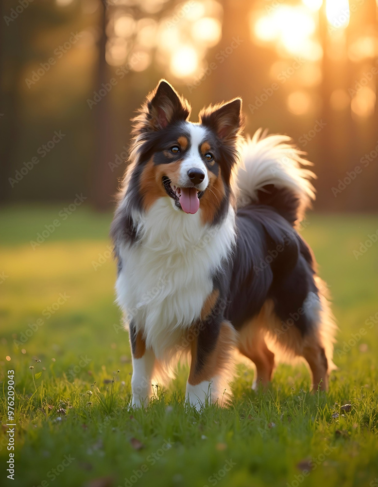 Happy Australian Shepherd With A Tri-colored Coat Standing On A Lawn During Golden Hour In A Peaceful Suburban Park Happy Australian Shepherd With A Tri-colored Coat Standing On A Lawn During Golden Hour In A Peaceful Suburban Park