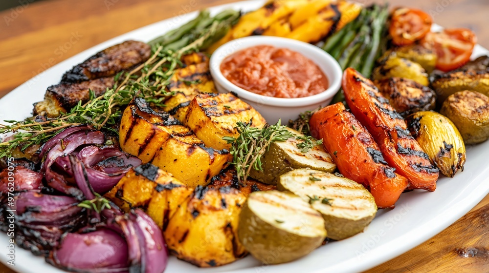 Closeup of grilled vegetables on a white plate with dipping sauce. Closeup of grilled vegetables on a white plate with dipping sauce.