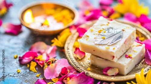 Indian sweets being served on a plate during diwali festival of lights