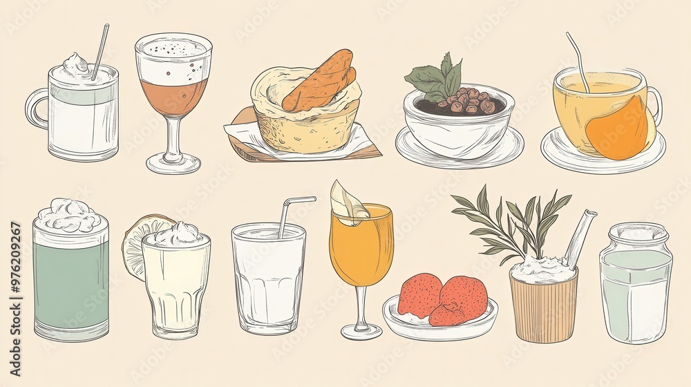 The artwork features minimalist illustrations of various food and drink items The artwork features minimalist illustrations of various food and drink items