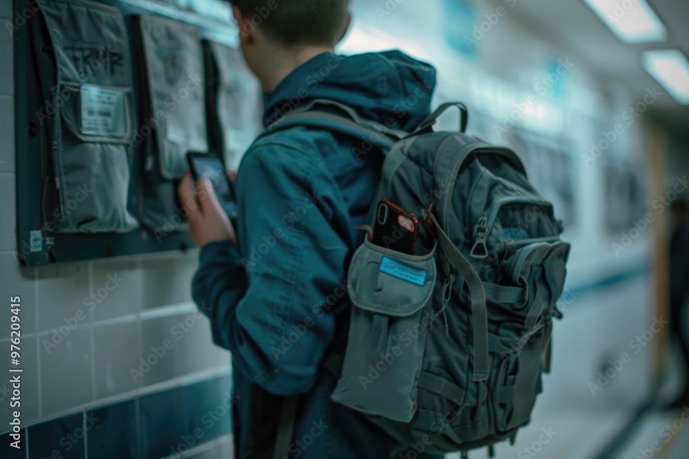 A person looking at their phone while carrying a backpack, perfect for travel or outdoor adventure scenes A person looking at their phone while carrying a backpack, perfect for travel or outdoor adventure scenes