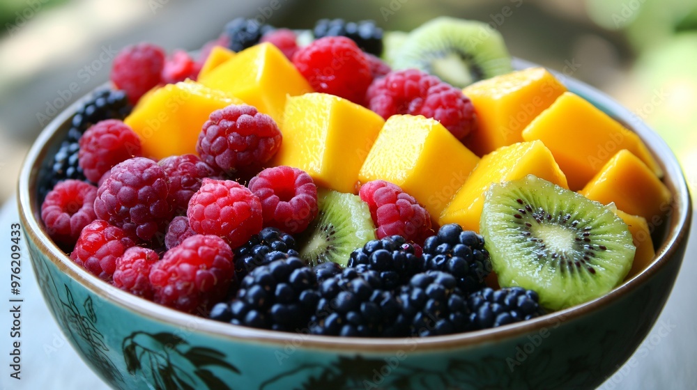 A close-up of a bowl filled with fresh mango, raspberries, blackberries, and kiwi slices. A close-up of a bowl filled with fresh mango, raspberries, blackberries, and kiwi slices.