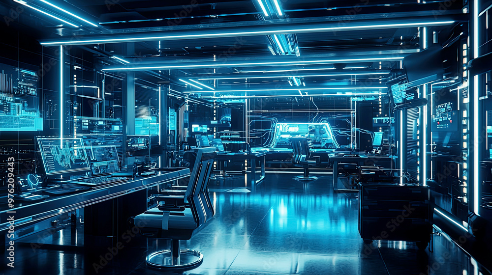 Obraz premium Cinematic view of a futuristic robotics lab, glowing blue lights, sharp reflections on metal surfaces, ultra-detailed