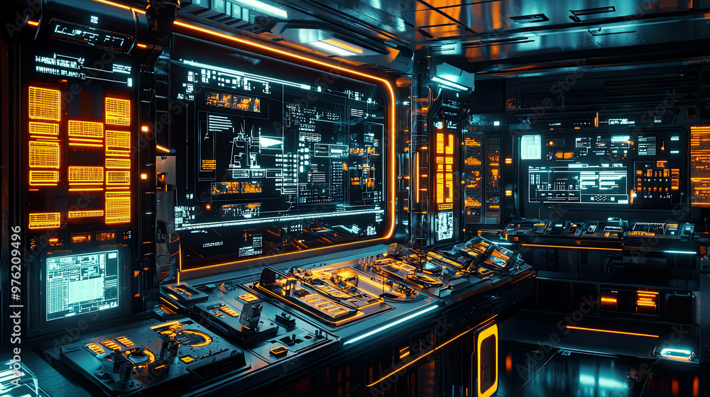 Obraz premium Cinematic view of a futuristic robotics lab, glowing control panels, hyper-detailed realism