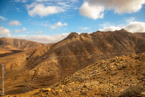 Panoramic viewpoint of the volcanic landscape along the coast of the island of Fuerteventura, Canary Islands, Spain