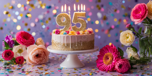 Delicious festive sweet cake with candle number 95, elegant flowers photo